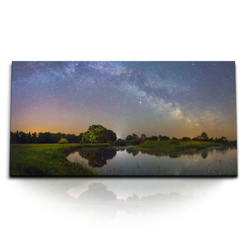 Kunstdruck Bilder 120x60cm Sternenhimmel Milchstraße Sterne Nacht See Natur