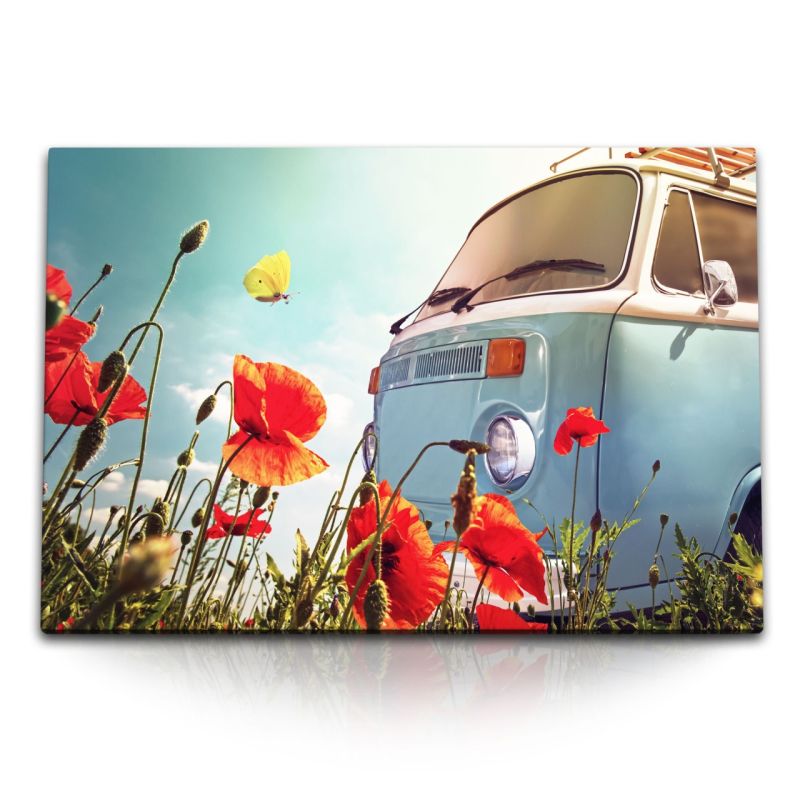 120x80cm Wandbild auf Leinwand Sommer Minibus Sonnenschein Blumen Schmetterlinge