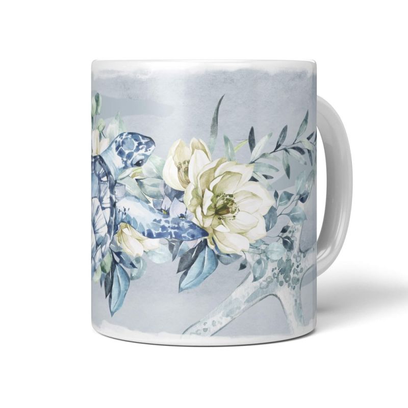 Dekorative Tasse mit schönem Motiv Seeschildkröte Korallen unter Wasser Aquarell Blumen Seestern