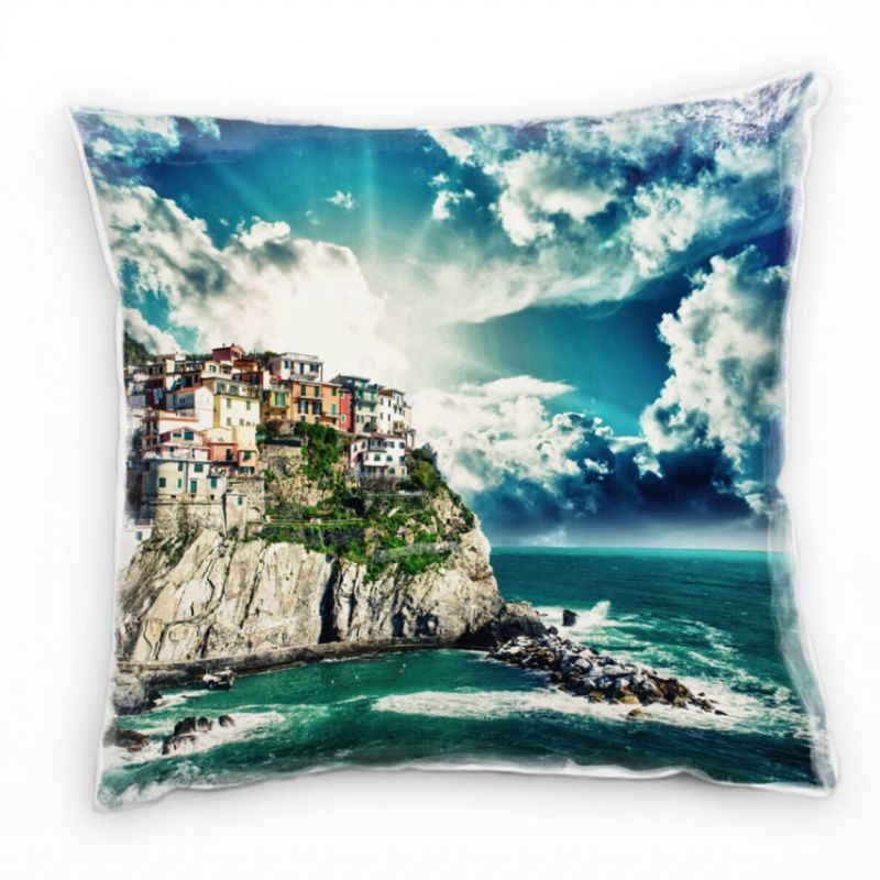 Manarola Strand und Meer, blau, türkis, Berge Deko Kissen 40x40cm für Couch Sofa Lounge Zierkissen