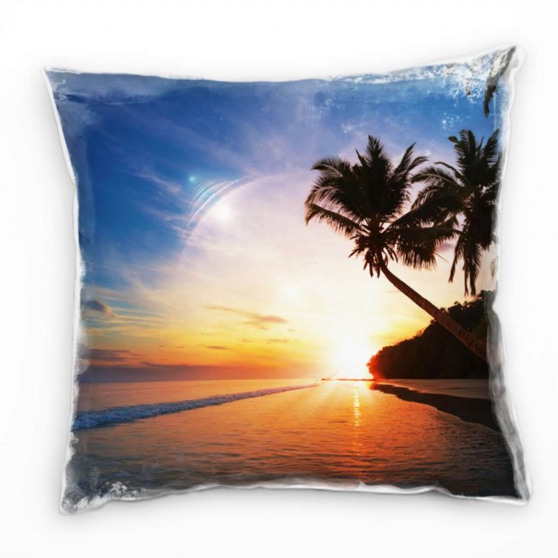 Strand und Meer, Palmen, leichte Wellen, Sonnenuntergang Deko Kissen 40x40cm für Couch Sofa Lounge Z