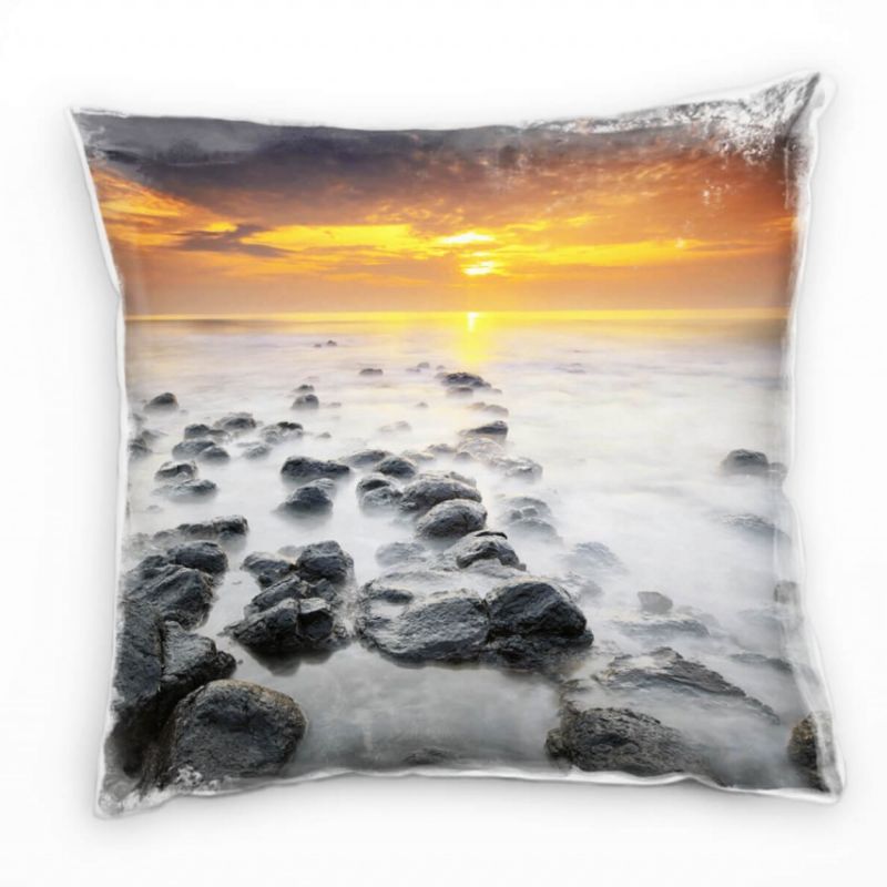 Meer, grau, orange, Felsen, Sonnenaufgang Deko Kissen 40x40cm für Couch Sofa Lounge Zierkissen