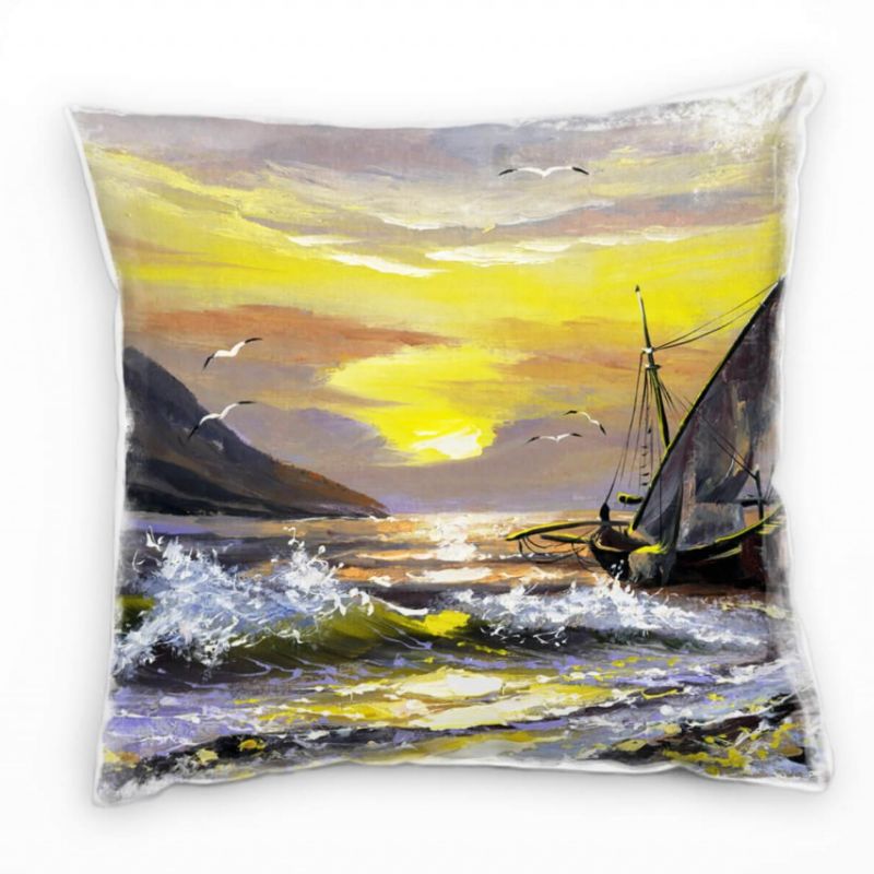 Meer, gelb, grau, Segelboot, Sonnenuntergang, gemalt Deko Kissen 40x40cm für Couch Sofa Lounge Zierk