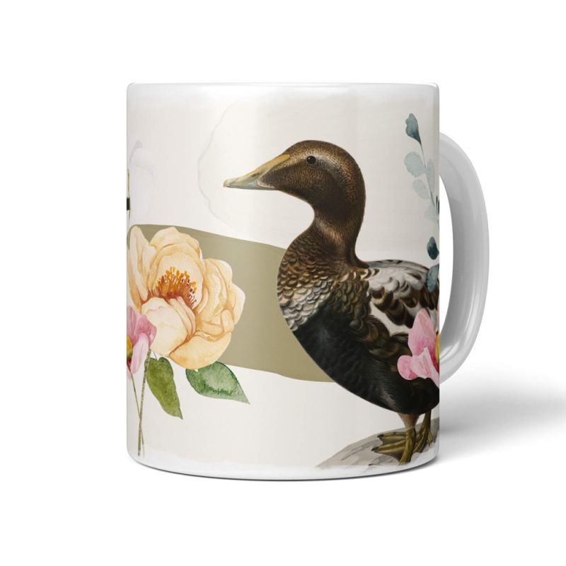 Dekorative Tasse mit schönem Vogel Motiv Ente Blüten Blumen Kunstvoll Pastelltöne