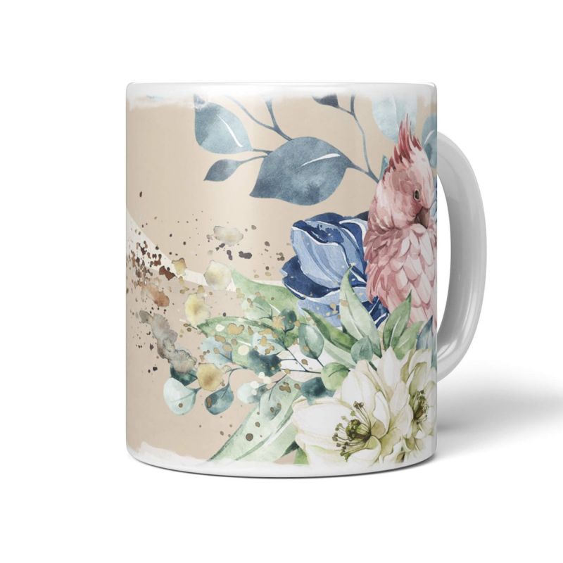 Dekorative Tasse mit schönem Vogel Motiv Papagei Blumen Blüten Kunstvoll einzigartiges Design