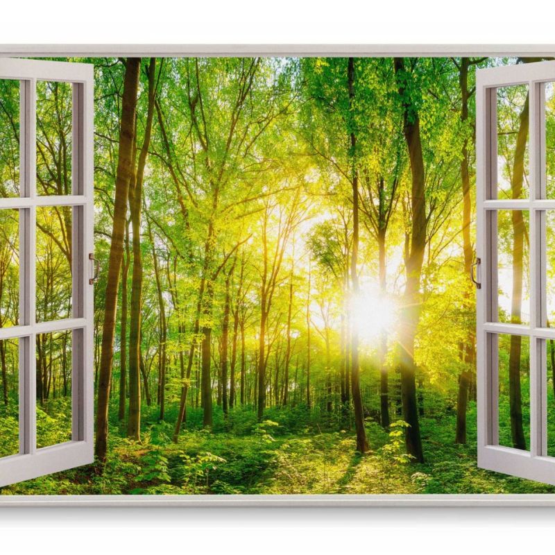 Wandbild 120x80cm Fensterbild Natur grüner Wald Bäume Baumkronen Sonnenschein