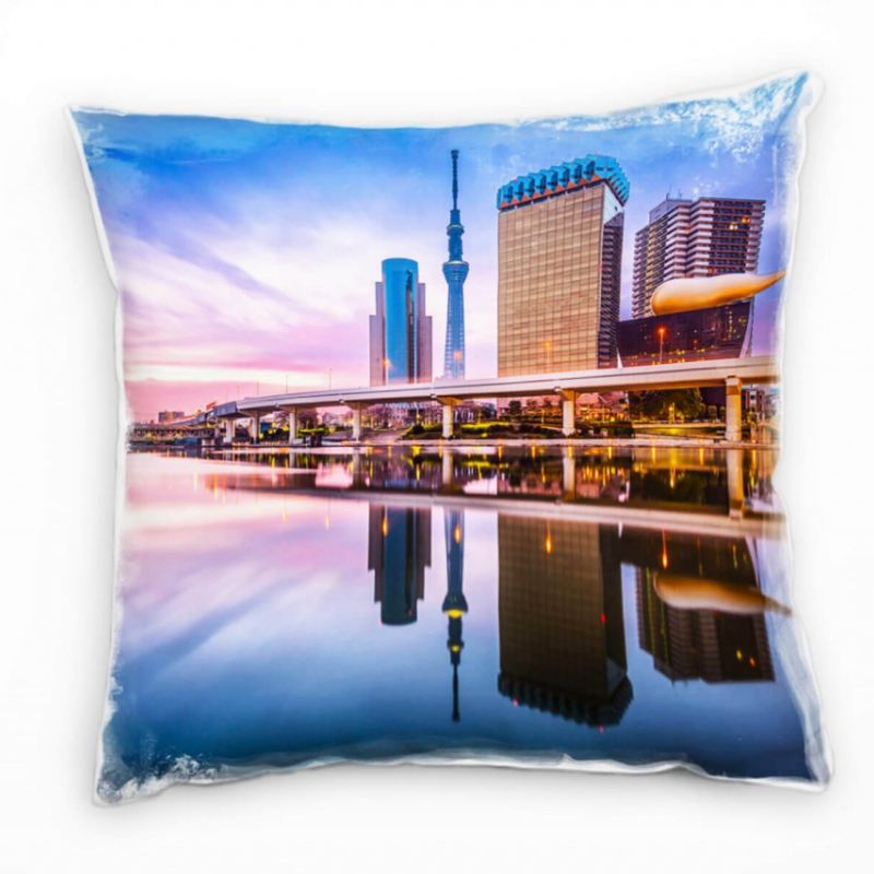 City, Tokio, Japan, Abend, Spiegelung, rosa, blau Deko Kissen 40x40cm für Couch Sofa Lounge Zierkiss