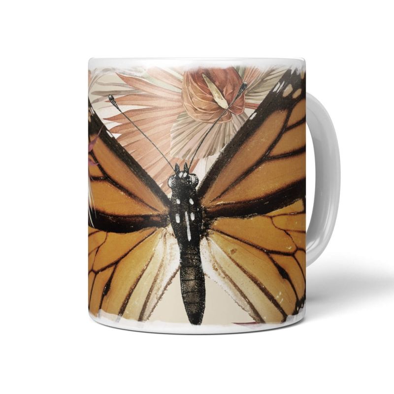 Dekorative Tasse mit schönem Motiv Schmetterling Vintage exotische Pflanzen Einzigartig