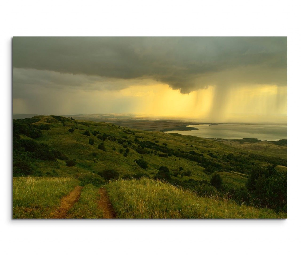 120x80cm Wandbild Wiesen Hügel Landschaft Wolken Regen