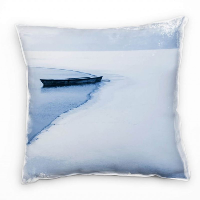 Winter, weiß, blau, grau, zugefrorener See, Boot Deko Kissen 40x40cm für Couch Sofa Lounge Zierkisse