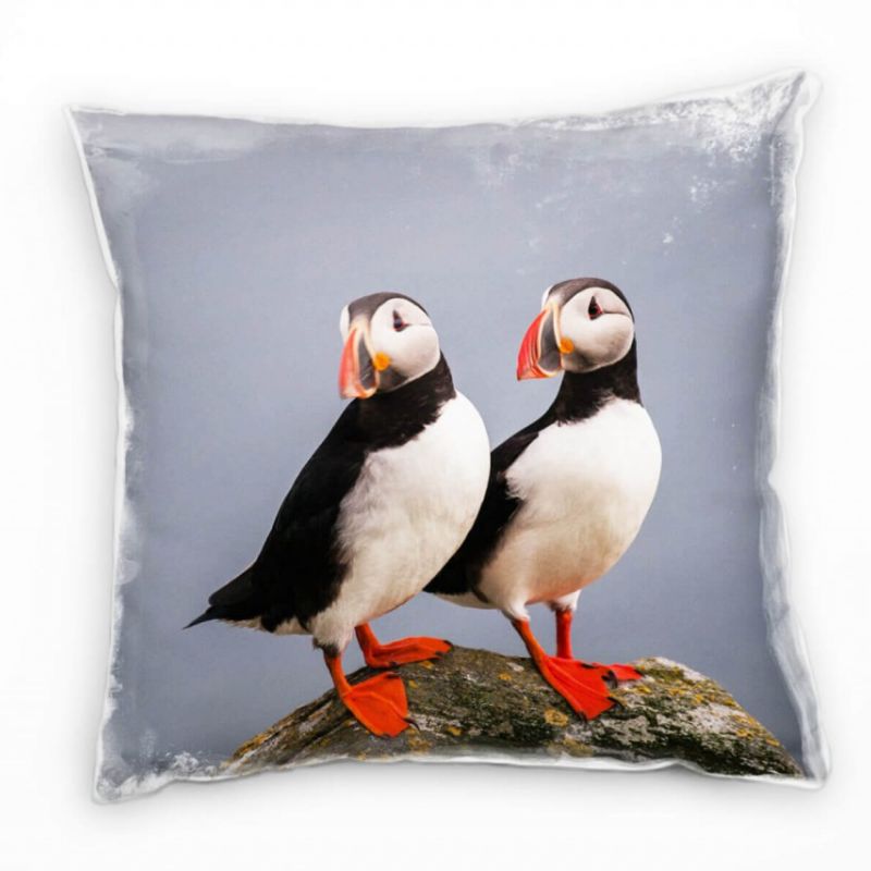 Tiere, rot, schwarz, weiß, Puffins, Nah Deko Kissen 40x40cm für Couch Sofa Lounge Zierkissen