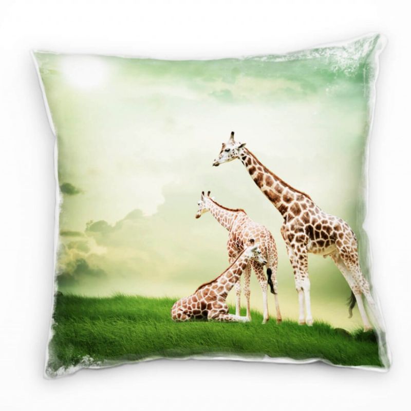 Tiere, grün, braun, Giraffen, Wiese, Fantasie Deko Kissen 40x40cm für Couch Sofa Lounge Zierkissen