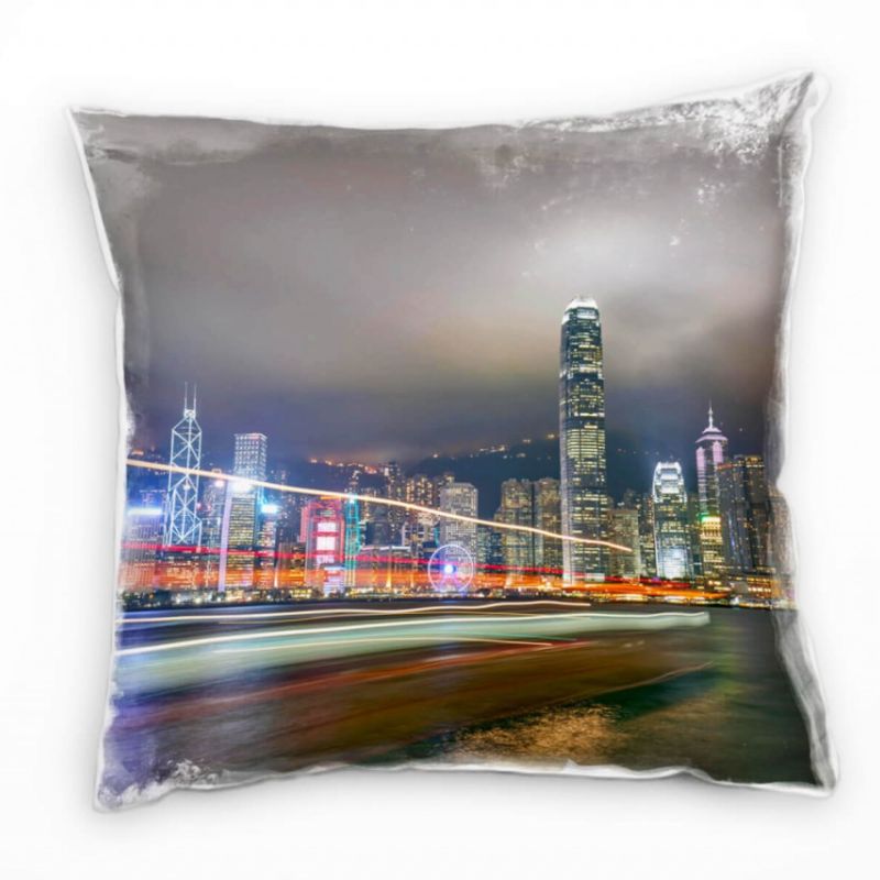 City, Hongkong, Nacht, Hochhäuser, grau, rot Deko Kissen 40x40cm für Couch Sofa Lounge Zierkissen