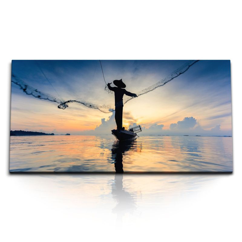 Kunstdruck Bilder 120x60cm Thailand Fischer Fischernetz Kunstvoll Sonnenuntergang Meer