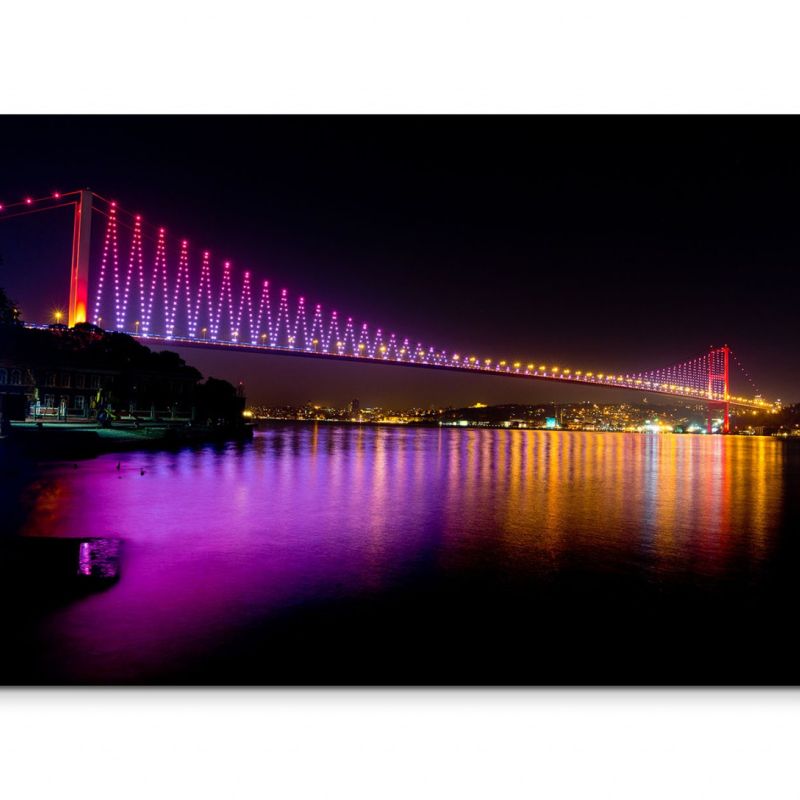 120x80cm Wandbild Istanbul Bosporus Brücke Nacht Lichter Reflexion