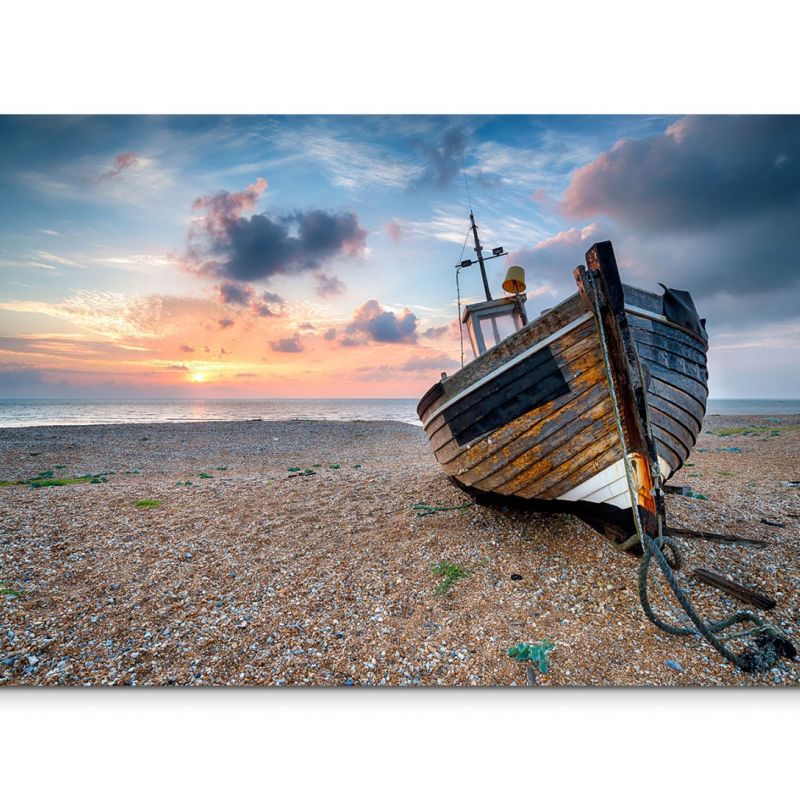 120x80cm Wandbild Steinstrand Meer Holzboot Sonnenaufgang