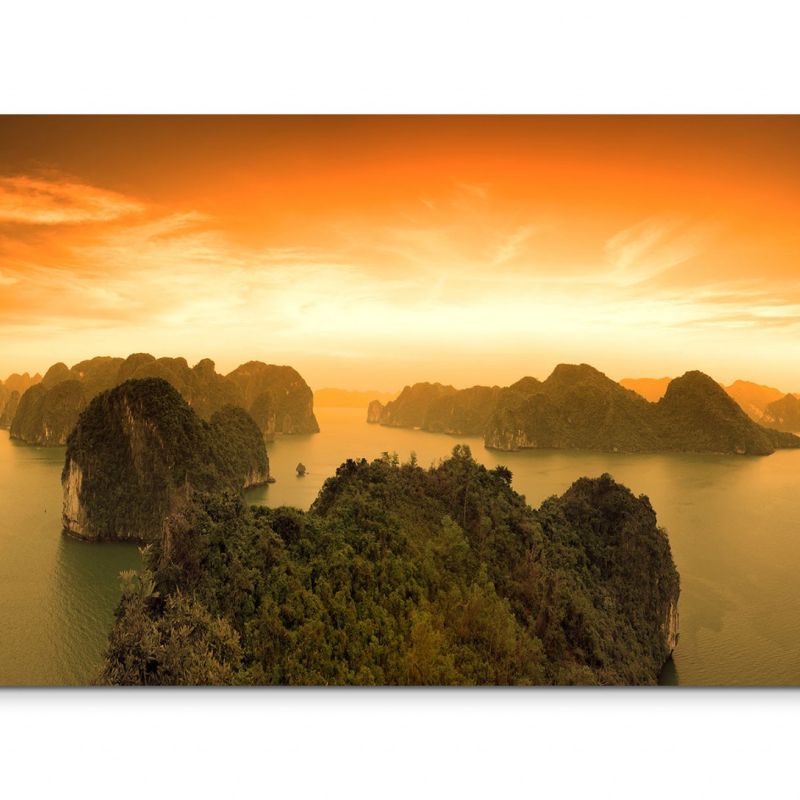 120x80cm Wandbild Vietnam Halong Bay Felsen Meer Sonnenuntergang