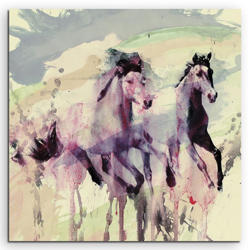 Horses Running 60x60cm  Aquarell Art Leinwandbild