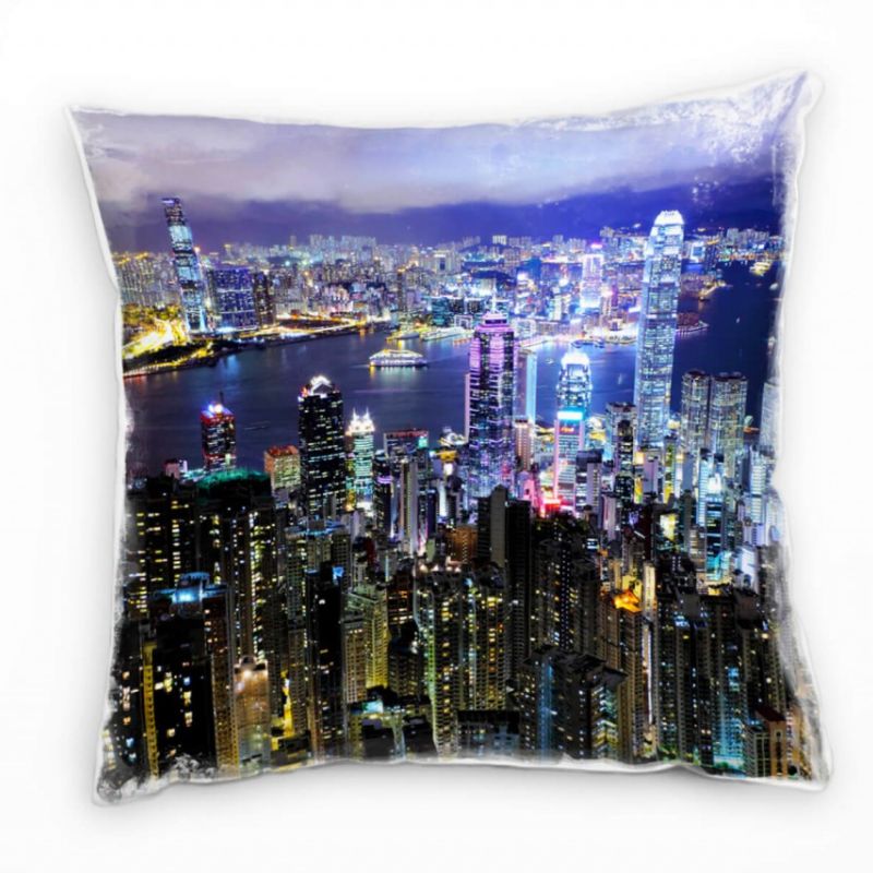 Urban und City, bunt, Hongkong, Nacht, Hochhäuser Deko Kissen 40x40cm für Couch Sofa Lounge Zierkiss