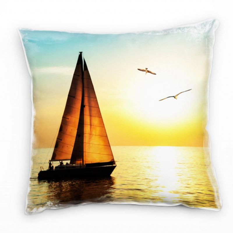 Meer, blau, gelb, Segelboot, Sonnenuntergang, Möwen Deko Kissen 40x40cm für Couch Sofa Lounge Zierki