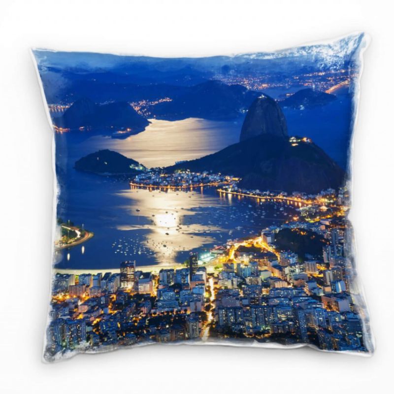 City, blau orange, Rio de Janeiro, Nacht, Spiegelung, Mond Deko Kissen 40x40cm für Couch Sofa Lounge