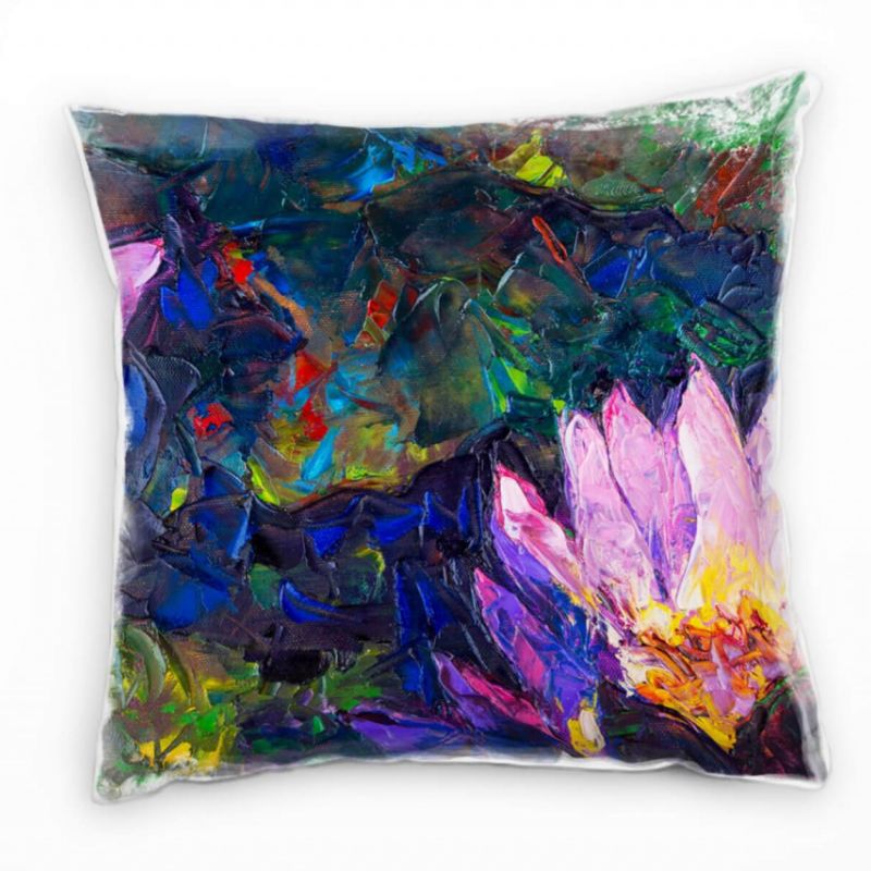 Abstrakt, Seerosen, gemalt, rosa, blau, grün Deko Kissen 40x40cm für Couch Sofa Lounge Zierkissen