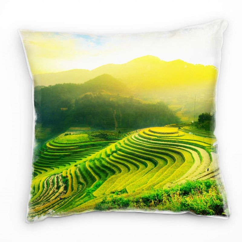 Landschaft, Reisfeld, Berge, grün, gelb Deko Kissen 40x40cm für Couch Sofa Lounge Zierkissen