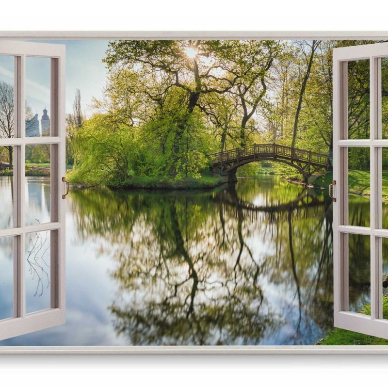 Wandbild 120x80cm Fensterbild Park Natur Grün See Holzbrücke Parksee