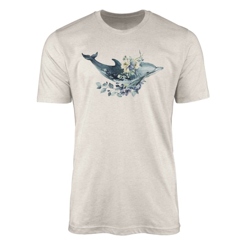 Herren Shirt 100% gekämmte Bio-Baumwolle T-Shirt  Blumen Delfin Wasserfarben Motiv Nachhaltig Ökomod