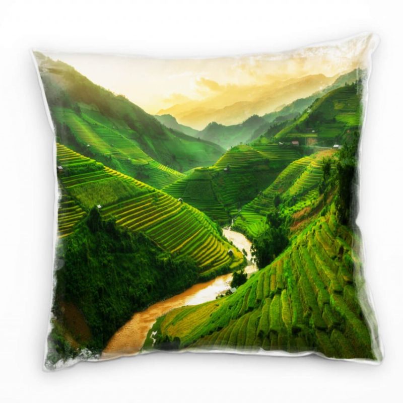 Landschaft, Reisfelder, grün, orange Deko Kissen 40x40cm für Couch Sofa Lounge Zierkissen