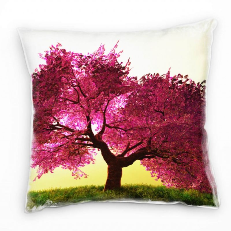 Natur, pink, grün, gelb, Kirschblütenbaum Deko Kissen 40x40cm für Couch Sofa Lounge Zierkissen