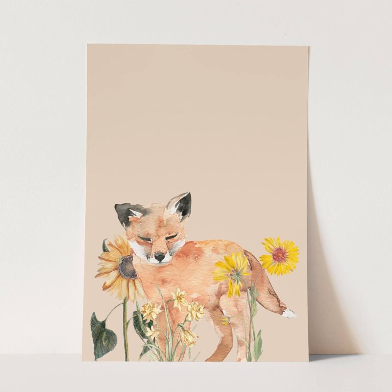 Wandbild Tier Motiv kleiner Fuchs Blumen Sonnenblume Süß Niedlich