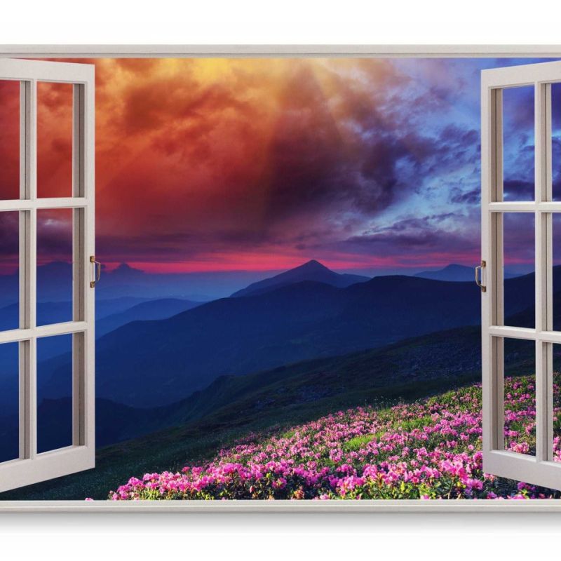 Wandbild 120x80cm Fensterbild Abenddämmerung Alpen Berge Sonnenuntergang Blumen