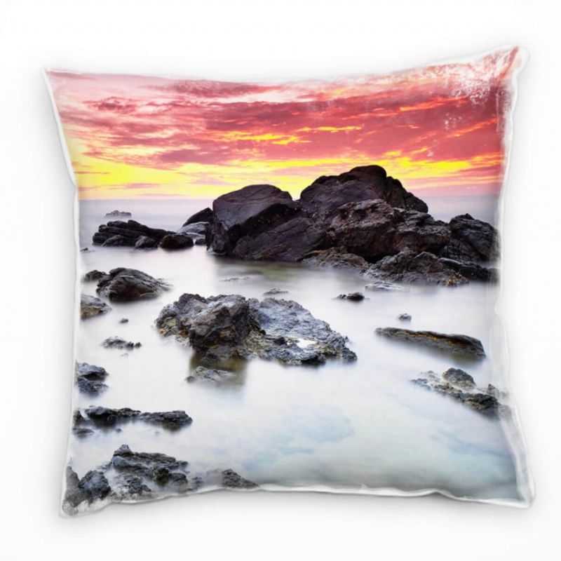 Strand und Meer, Sonnenuntergang, Brandung, rot Deko Kissen 40x40cm für Couch Sofa Lounge Zierkissen