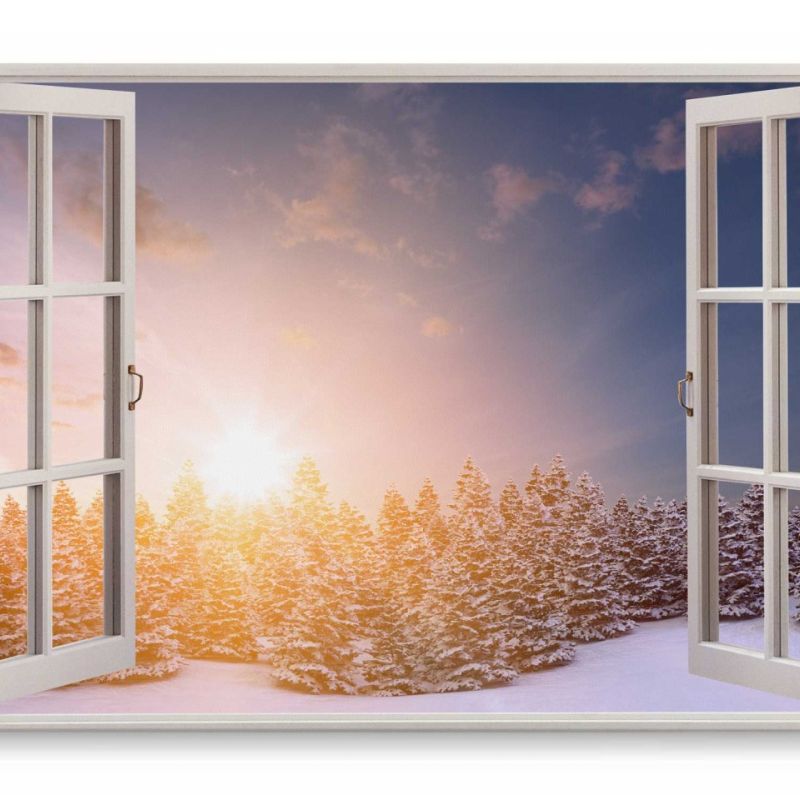 Wandbild 120x80cm Fensterbild Sonnenuntergang Winterlandschaft Schnee Tannenwald