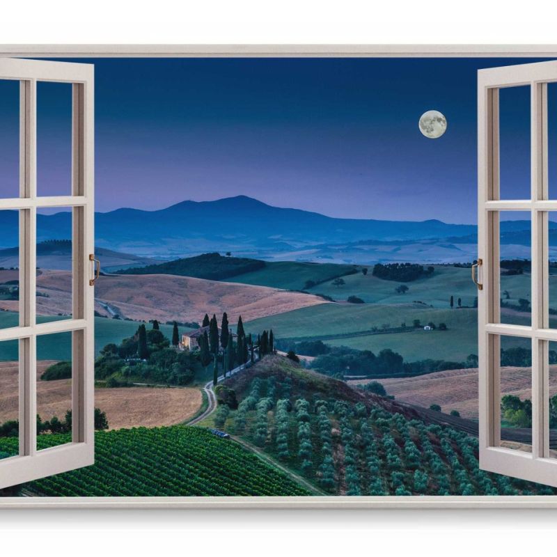 Wandbild 120x80cm Fensterbild Italien Toskana Landhaus Landschaft Vollmond Berge