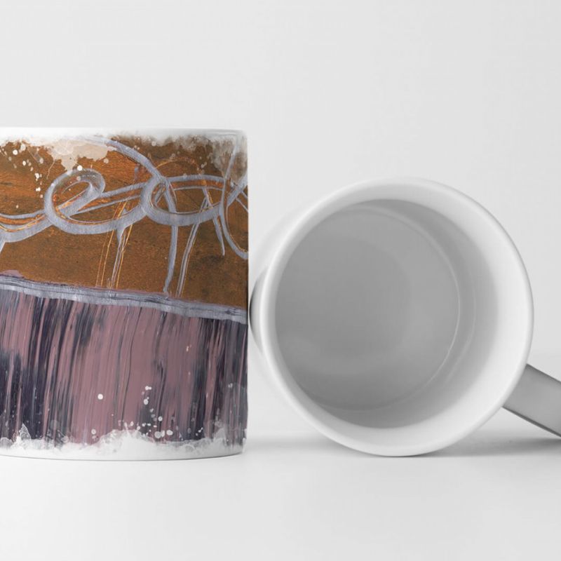 Tasse Geschenk zur Hälfte sienna mit grau, andere Hälfte rosig-braun mit dunkelgrau streifen