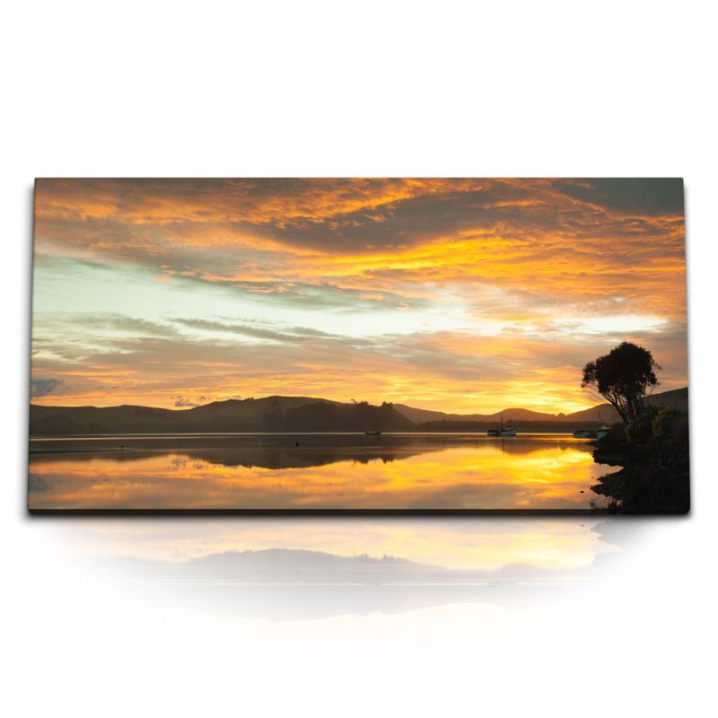 Kunstdruck Bilder 120x60cm See Abendrot Sonnenuntergang roter Himmel Natur