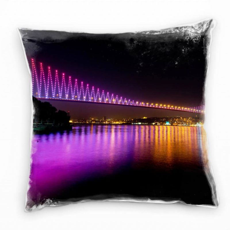 Urban, lila, orange, schwarz, Bosporus Brücke, Istanbul   Deko Kissen 40x40cm für Couch Sofa Lounge