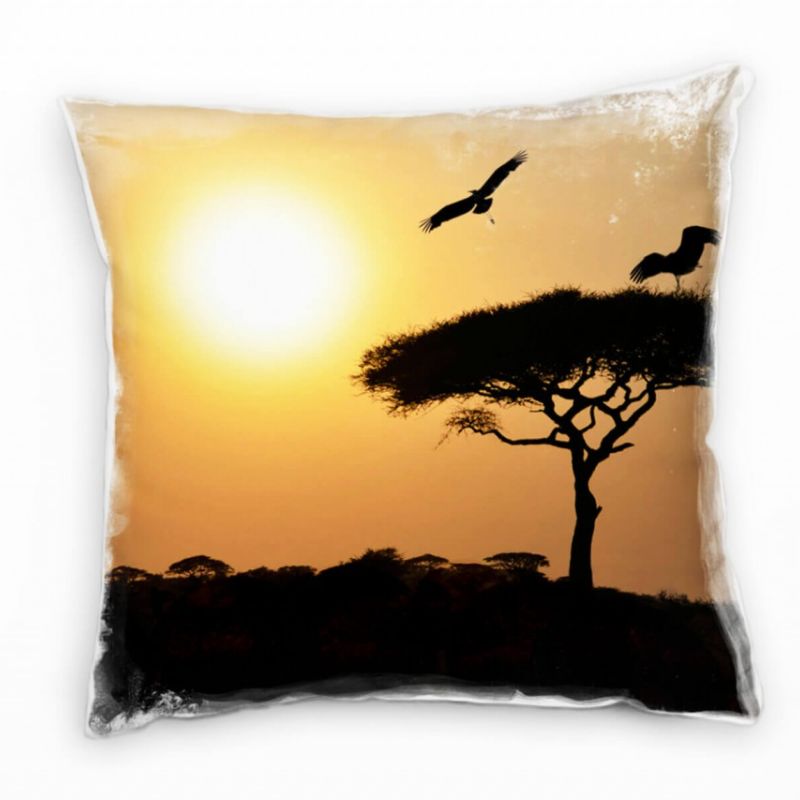 Tiere, schwarz, orange, Vögel, Silhouetten, Sonnenuntergang Deko Kissen 40x40cm für Couch Sofa Loung