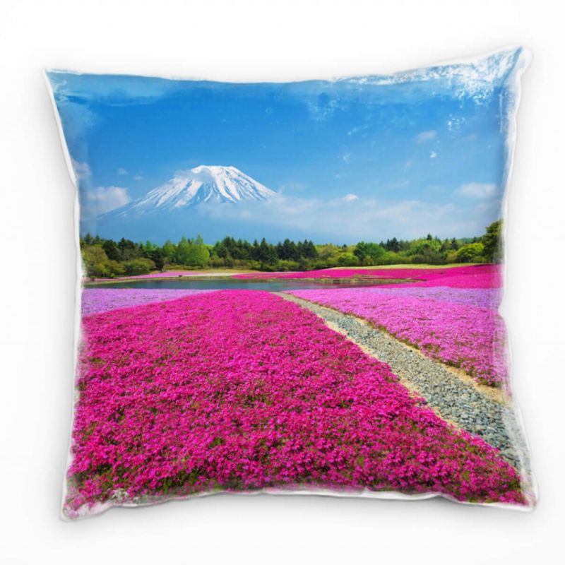 Blumen, Frühling, schneebedeckter Berg, pink, blau Deko Kissen 40x40cm für Couch Sofa Lounge Zierkis