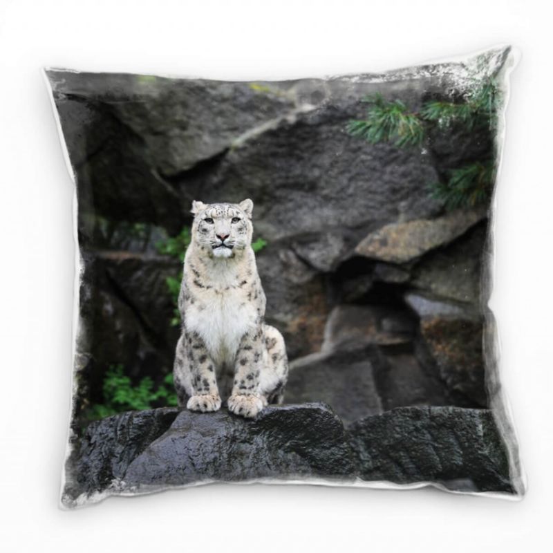 Tiere, Schneeleopard, Felsen, braun, grau Deko Kissen 40x40cm für Couch Sofa Lounge Zierkissen