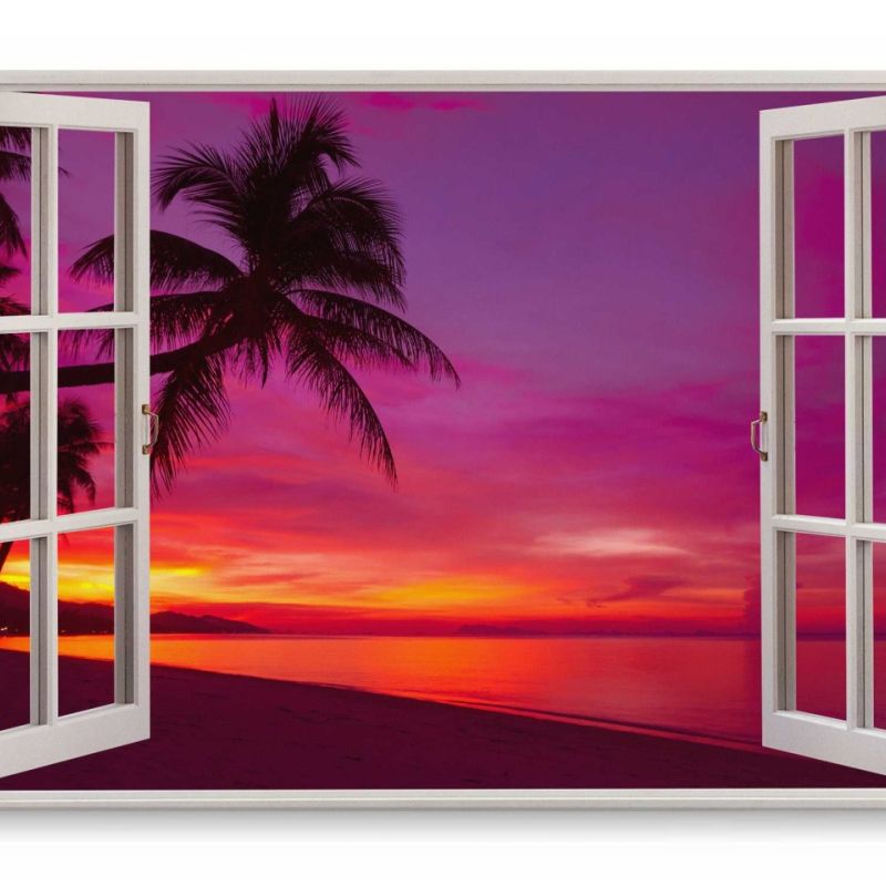 Wandbild 120x80cm Fensterbild Abendrot Strand Palme Rot Horizont Traumstrand