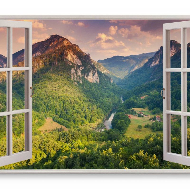 Wandbild 120x80cm Fensterbild Grüne Berge Landschaft Natur Fluss Tal