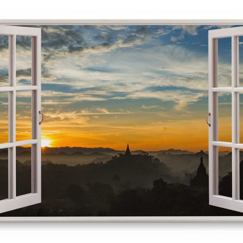 Wandbild 120x80cm Fensterbild Horizont Sonnenuntergang Tempel Asien Abendrot