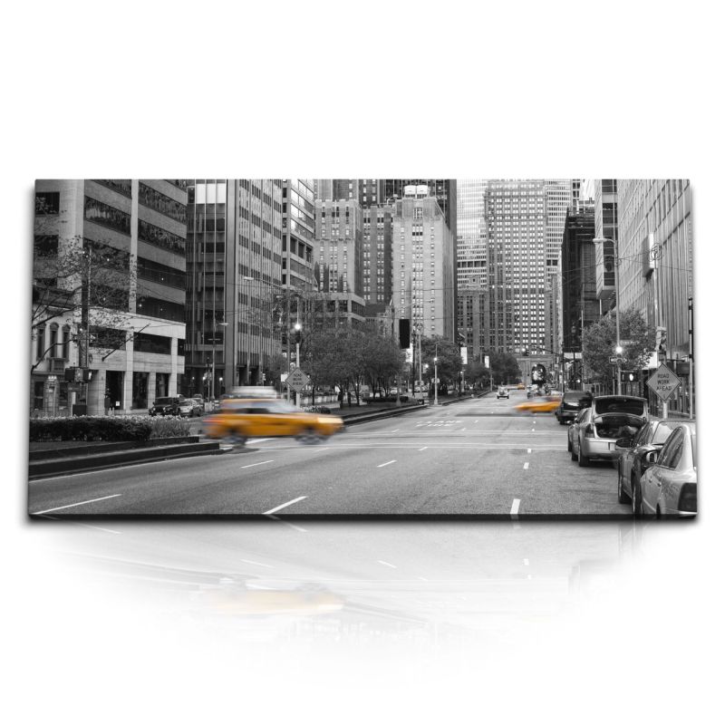 Kunstdruck Bilder 120x60cm New York Gelbe Taxis Schwarz Weiß Hochhäuser