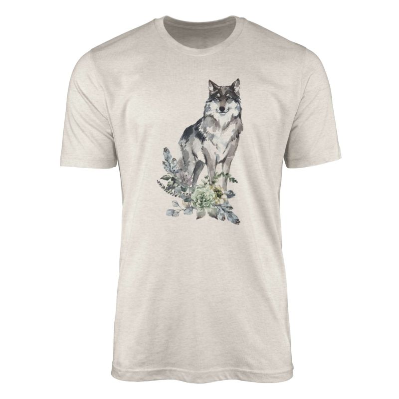 Herren Shirt 100% gekämmte Bio-Baumwolle T-Shirt  Aquarell Wolf Blumen Motiv Nachhaltig Ökomode aus