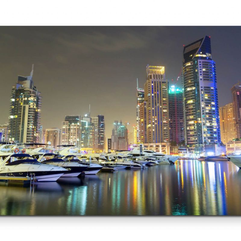 Hafen in Dubai bei Nacht – Leinwandbild