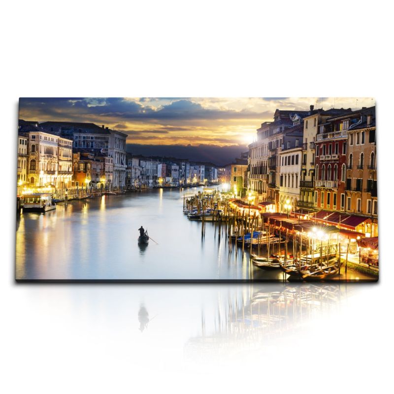 Kunstdruck Bilder 120x60cm Abendrot Venedig Italien Fluss Gondel Nacht