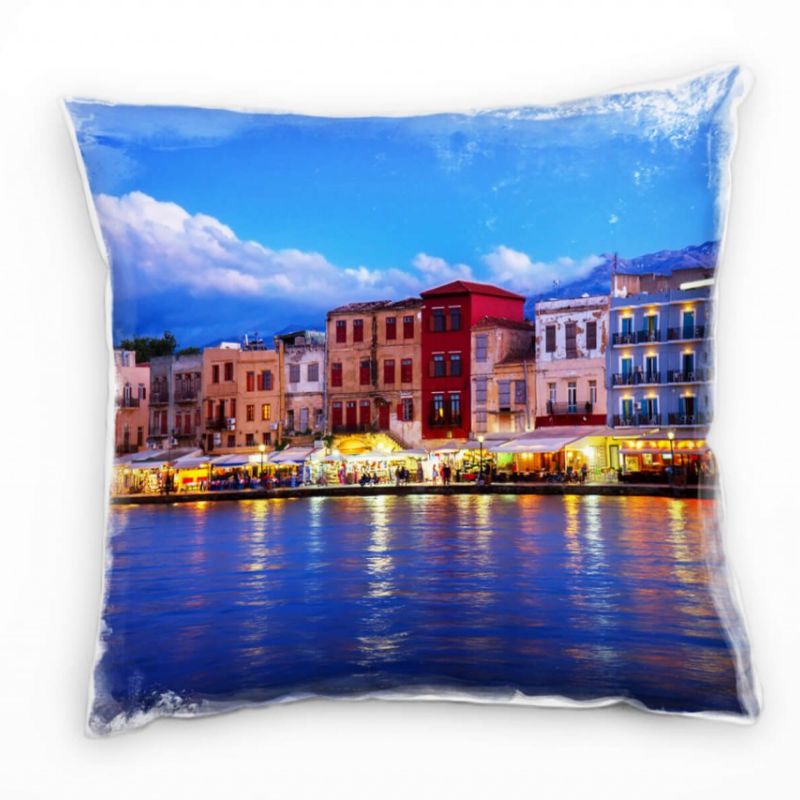 City, Nacht, Griechenland, Meer, blau, orange Deko Kissen 40x40cm für Couch Sofa Lounge Zierkissen